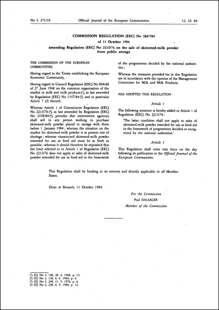 Commission Regulation (EEC) No 2867/84 of 11 October 1984 amending Regulation (EEC) No 2213/76 on the sale of skimmed-milk powder from public storage