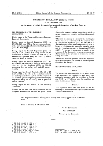 Commission Regulation (EEC) No 3679/84 of 21 December 1984 on the supply of milled rice to the international Committee of the Red Cross as food aid