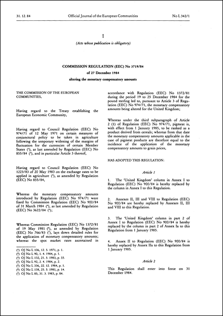 Commission Regulation (EEC) No 3719/84 of 27 December 1984 altering the monetary compensatory amounts