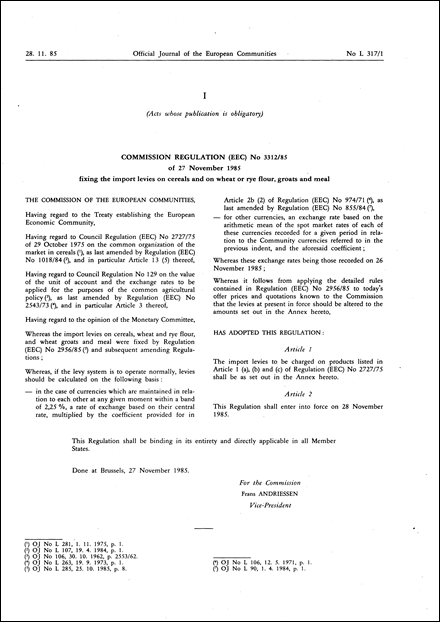 Commission Regulation (EEC) No 3312/85 of 27 November 1985 fixing the import levies on cereals and on wheat or rye flour, groats and meal