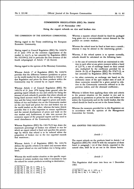 Commission Regulation (EEC) No 3368/85 of 29 November 1985 fixing the export refunds on rice and broken rice