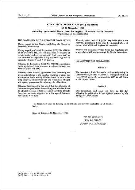Commission Regulation (EEC) No 3381/85 of 28 November 1985 amending quantitative limits fixed for imports of certain textile products originating in Czechoslovakia