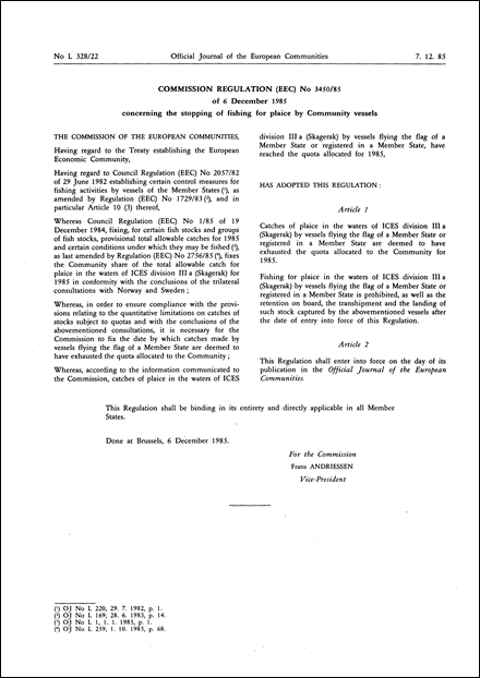 Commission Regulation (EEC) No 3450/85 of 6 December 1985 concerning the stopping of fishing for plaice by Community vessels