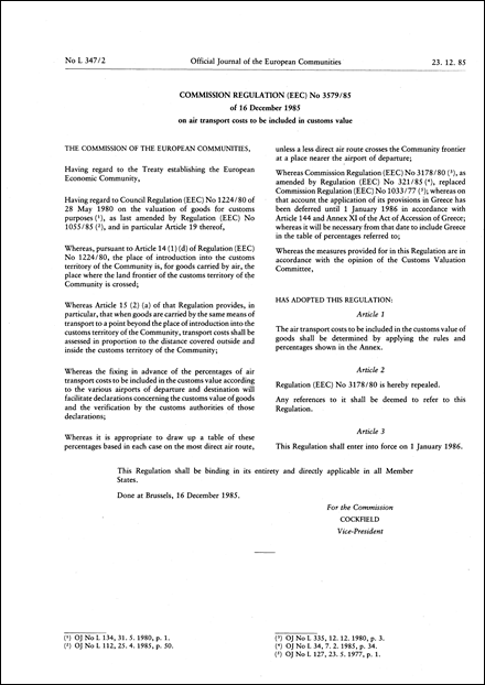 Commission Regulation (EEC) No 3579/85 of 16 December 1985 on air transport costs to be included in customs value