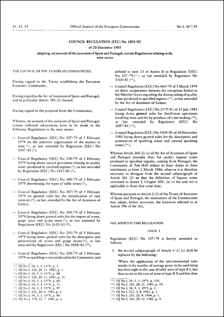 Council Regulation (EEC) No 3805/85 of 20 December 1985 adapting, on account of the accession of Spain and Portugal, certain Regulations relating to the wine sector