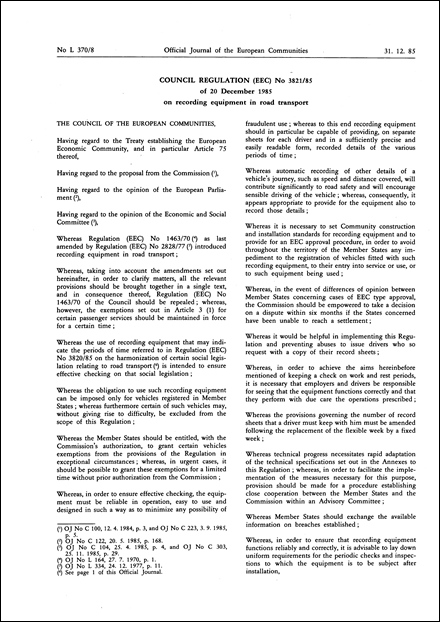 Council Regulation (EEC) No 3821/85 of 20 December 1985 on recording equipment in road transport