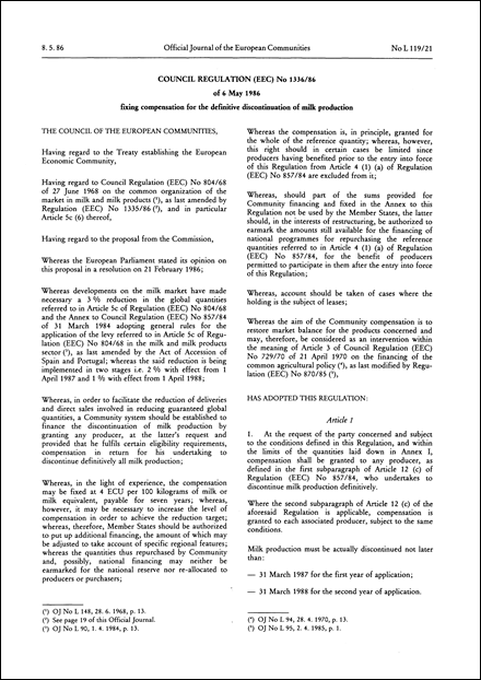 Council Regulation (EEC) No 1336/86 of 6 May 1986 fixing compensation for the definitive discontinuation of milk production