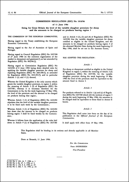 Commission Regulation (EEC) No 1818/86 of 11 June 1986 fixing for Great Britain the level of the variable slaughter premium for sheep and the amounts to be charged on products leaving region 5