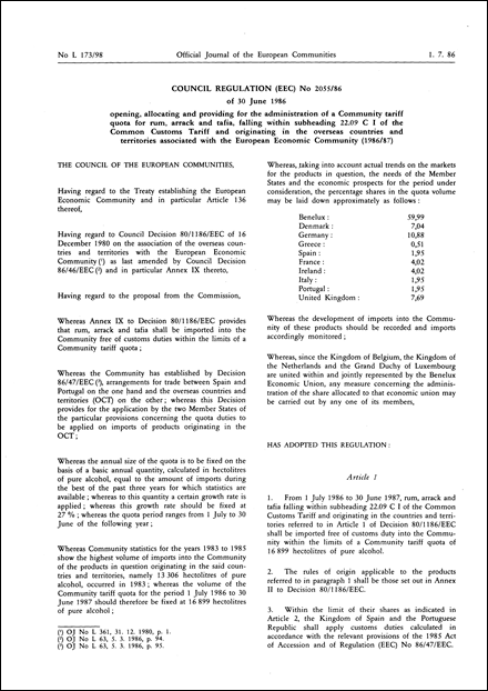 Council Regulation (EEC) No 2055/86 of 30 June 1986 opening, allocating and providing for the administration of a Community tariff quota for rum, arrack and tafia, falling within subheading 22.09 C I of the Common Customs Tariff and originating in the overseas countries and territories associated with the European Economic Community (1986/87)