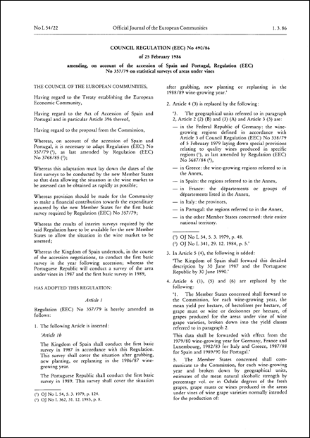 Council Regulation (EEC) No 490/86 of 25 February 1986 amending, on account of the accession of Spain and Portugal, Regulation (EEC) No 357/79 on statistical surveys of areas under vines (repealed)