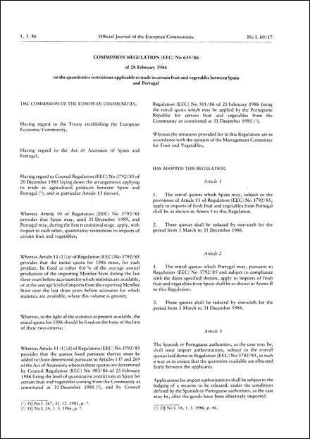 Commission Regulation (EEC) No 635/86 of 28 February 1986 on the quantitative restrictions applicable to trade in certain fruit and vegetables between Spain and Portugal