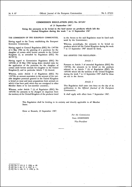 Commission Regulation (EEC) No 2872/87 of 25 September 1987 fixing the amounts to be levied in the beef sector on products which left the United Kingdom during the week 7 to 13 September 1987