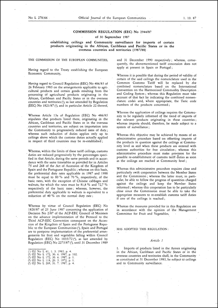 Commission Regulation (EEC) No 2944/87 of 30 September 1987 establishing ceilings and Community surveillance for imports of certain products originating in the African, Caribbean and Pacific States or in the overseas countries and territories (1987/88)