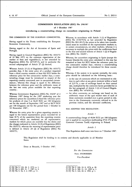 Commission Regulation (EEC) No 2985/87 of 5 October 1987 introducing a countervailing charge on cucumbers originating in Poland