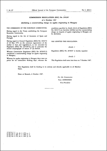 Commission Regulation (EEC) No 2992/87 of 6 October 1987 abolishing a countervailing charge on apples originating in Hungary