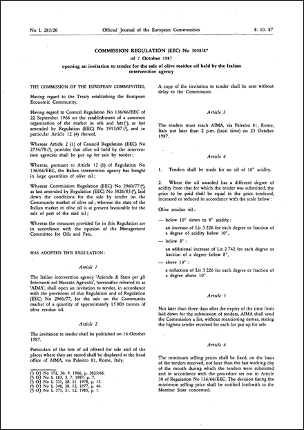 Commission Regulation (EEC) No 3008/87 of 7 October 1987 opening an invitation to tender for the sale of olive residue oil held by the Italian intervention agency