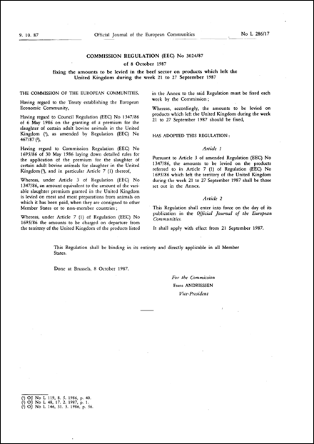 Commission Regulation (EEC) No 3024/87 of 8 October 1987 fixing the amounts to be levied in the beef sector on products which left the United Kingdom during the week 21 to 27 September 1987