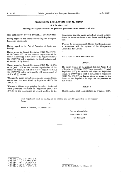 Commission Regulation (EEC) No 3027/87 of 8 October 1987 altering the export refunds on products processed from cereals and rice