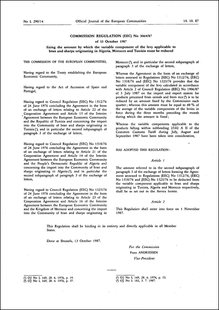 Commission Regulation (EEC) No 3064/87 of 13 October 1987 fixing the amount by which the variable component of the levy applicable to bran and sharps originating in Algeria, Morocco and Tunisia must be reduced