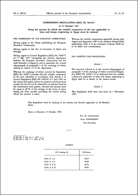 Commission Regulation (EEC) No 3065/87 of 13 October 1987 fixing the amount by which the variable component of the levy applicable to bran and sharps originating in Egypt must be reduced