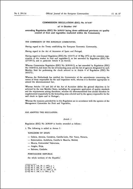 Commission Regulation (EEC) No 3076/87 of 14 October 1987 amending Regulation (EEC) No 2638/69 laying down additional provisons on quality control of fruit and vegetables marketed within the Community