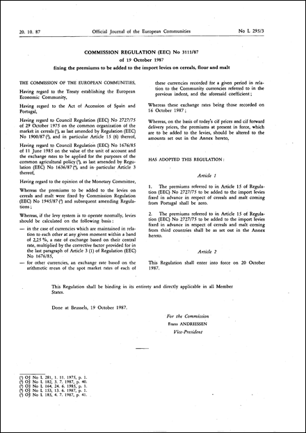 Commission Regulation (EEC) No 3111/87 of 19 October 1987 fixing the premiums to be added to the import levies on cereals, flour and malt