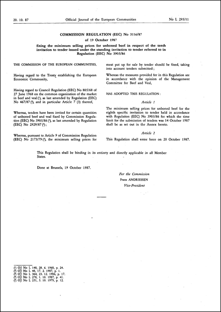 Commission Regulation (EEC) No 3116/87 of 19 October 1987 fixing the minimum selling prices for unboned beef in respect of the tenth invitation to tender issued under the standing invitation to tender referred to in Regulation (EEC) No 3905/86