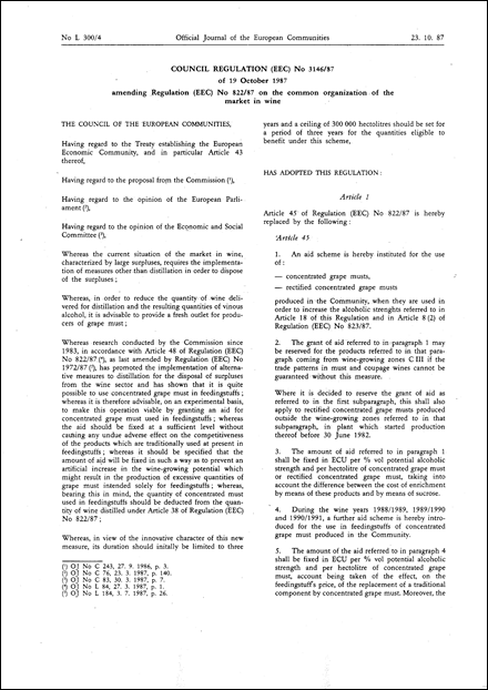 Council Regulation (EEC) No 3146/87 of 19 October 1987 amending Regulation (EEC) No 822/87 on the common organization of the market in wine