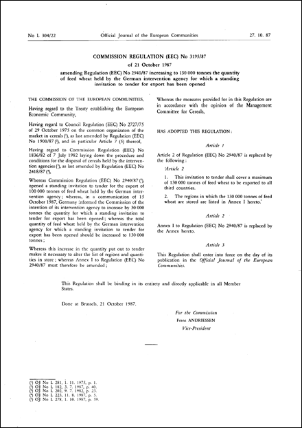 Commission Regulation (EEC) No 3195/87 of 21 October 1987 amending Regulation (EEC) No 2940/87 increasing to 130 000 tonnes the quantity of feed wheat held by the German intervention agency for which a standing invitation to tender for export has been opened