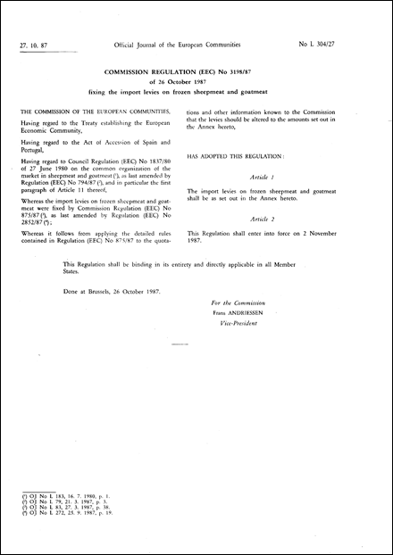 Commission Regulation (EEC) No 3198/87 of 26 October 1987 fixing the import levies on frozen sheepmeat and goatmeat