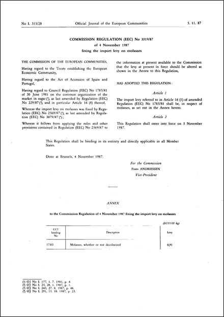 Commission Regulation (EEC) No 3319/87 of 4 November 1987 fixing the import levy on molasses