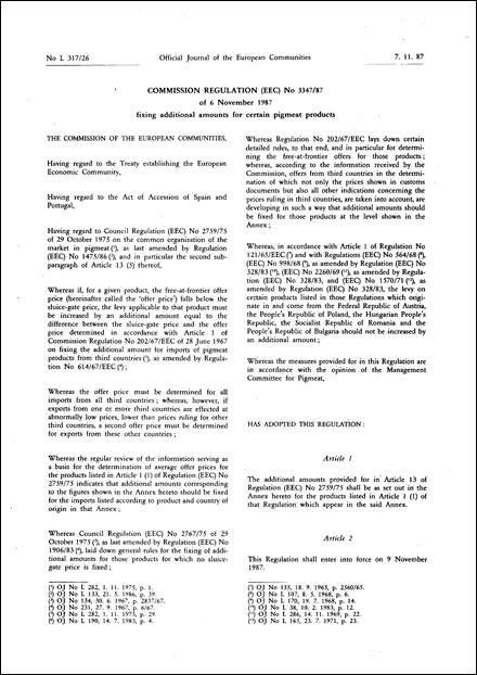 Commission Regulation (EEC) No 3347/87 of 6 November 1987 fixing additional amounts for certain pigmeat products