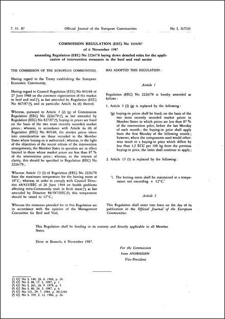 Commission Regulation (EEC) No 3350/87 of 6 November 1987 amending Regulation (EEC) No 2226/78 laying down detailed rules for the application of intervention measures in the beef and veal sector