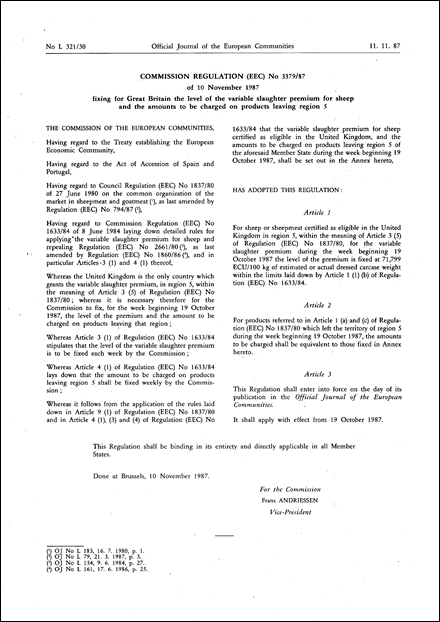 Commission Regulation (EEC) No 3379/87 of 10 November 1987 fixing for Great Britain the level of the variable slaughter premium for sheep and the amounts to be charged on products leaving region 5