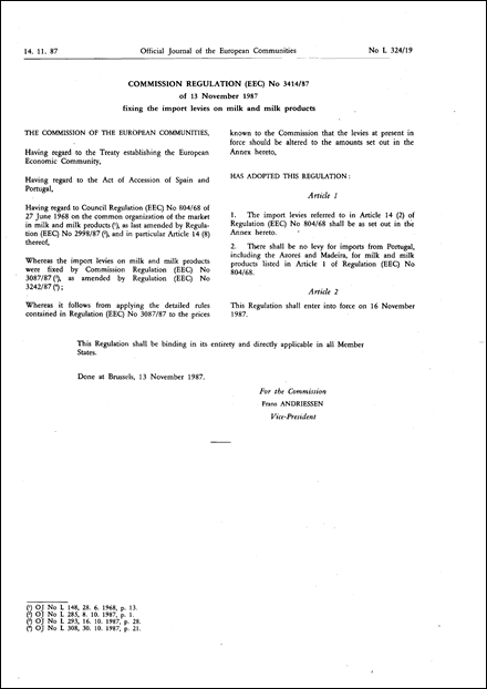 Commission Regulation (EEC) No 3414/87 of 13 November 1987 fixing the import levies on milk and milk products