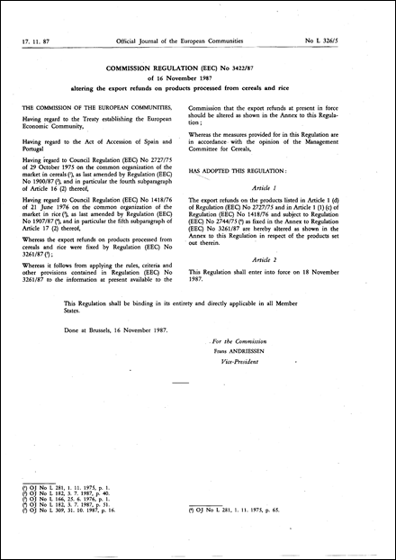 Commission Regulation (EEC) No 3422/87 of 16 November 1987 altering the export refunds on products processed from cereals and rice