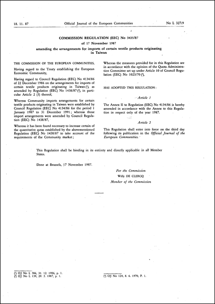 Commission Regulation (EEC) No 3435/87 of 17 November 1987 amending the arrangements for imports of certain textile products originating in Taiwan