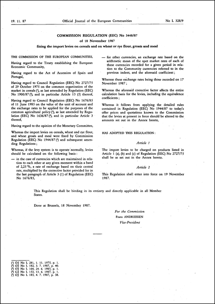 Commission Regulation (EEC) No 3448/87 of 18 November 1987 fixing the import levies on cereals and on wheat or rye flour, groats and meal