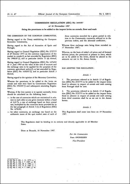 Commission Regulation (EEC) No 3449/87 of 18 November 1987 fixing the premiums to be added to the import levies on cereals, flour and malt