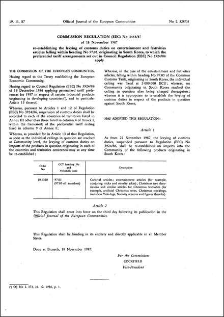 Commission Regulation (EEC) No 3454/87 of 18 November 1987 re-establishing the levying of customs duties on entertainment and festivities articles falling within heading No 97.05, originating in South Korea, to which the preferential tariff arrangements set out in Council Regulation (EEC) No 3924/86 apply