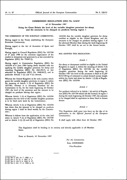 Commission Regulation (EEC) No 3458/87 of 18 November 1987 fixing for Great Britain the level of the variable slaughter premium for sheep and the amounts to be charged on products leaving region 5