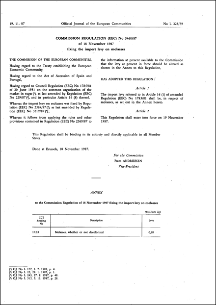 Commission Regulation (EEC) No 3460/87 of 18 November 1987 fixing the import levy on molasses