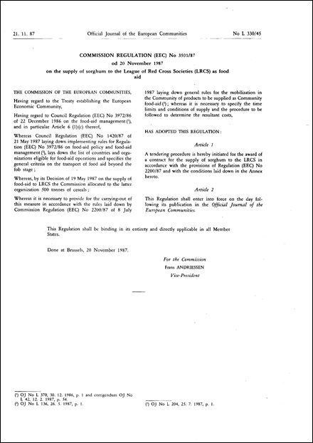 Commission Regulation (EEC) No 3501/87 of 20 November 1987 on the supply of sorghum to the league of Red Cross societies (LRCs) as food aid