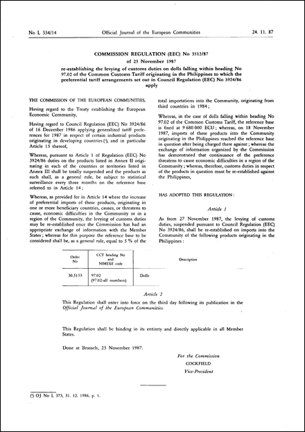 Commission Regulation (EEC) No 3512/87 of 23 November 1987 re-establishing the levying of customs duties on dolls falling within heading No 97.02 of the Common Customs Tariff originating in the Philippines to which the preferential tariff arrangements set out in Council Regulation (EEC) No 3924/86 apply