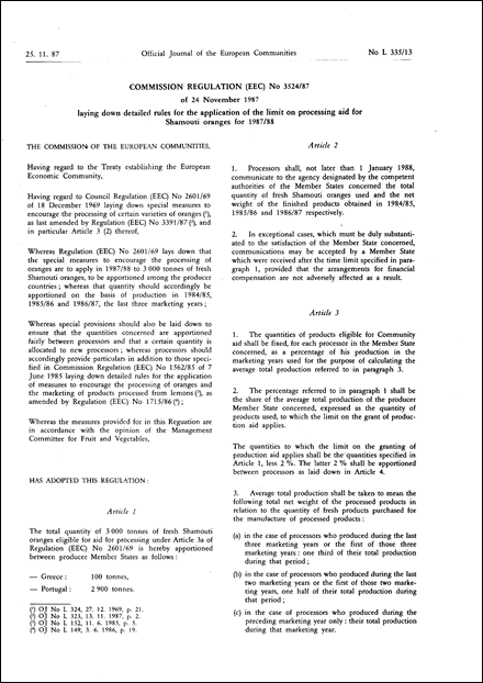 Commission Regulation (EEC) No 3524/87 of 24 November 1987 laying down detailed rules for the application of the limit on processing aid for Shamouti oranges for 1987/88