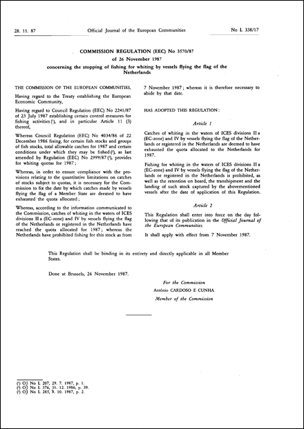 Commission Regulation (EEC) No 3570/87 of 26 November 1987 concerning the stopping of fishing for whiting by vessels flying the flag of the Netherlands