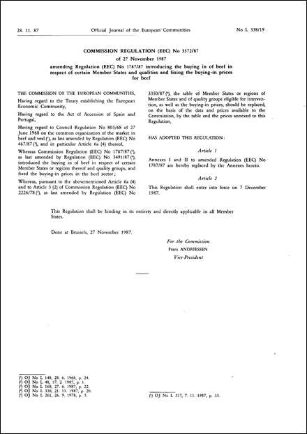 Commission Regulation (EEC) No 3572/87 of 27 November 1987 amending Regulation (EEC) No 1787/87 introducing the buying in of beef in respect of certain Member States and qualities and fixing the buying-in prices for beef