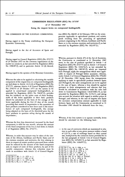 Commission Regulation (EEC) No 3575/87 of 27 November 1987 fixing the import levies on compound feedingstuffs