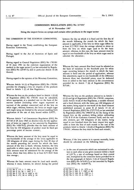 Commission Regulation (EEC) No 3579/87 of 30 November 1987 fixing the import levies on syrups and certain other products in the sugar sector