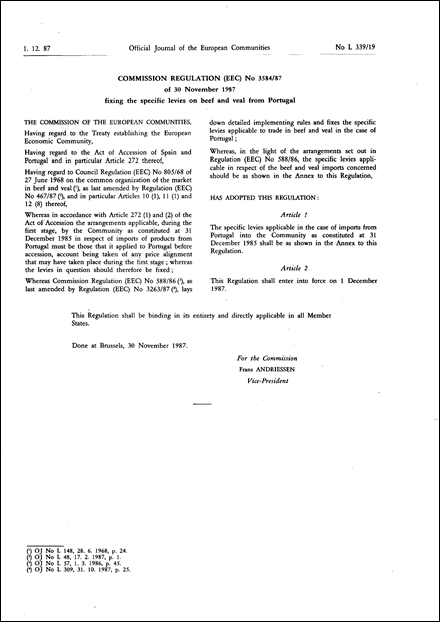 Commission Regulation (EEC) No 3584/87 of 30 November 1987 fixing the specific levies on beef and veal from Portugal